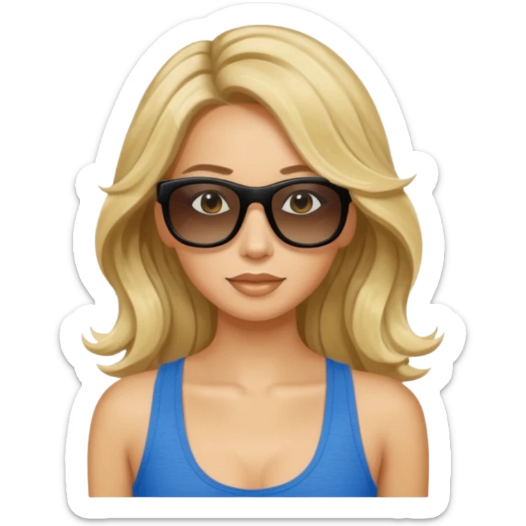 an olive tan woman with long, wavy blonde hair in a blue tank top wearing skinny black rectangular sunglasses sticker