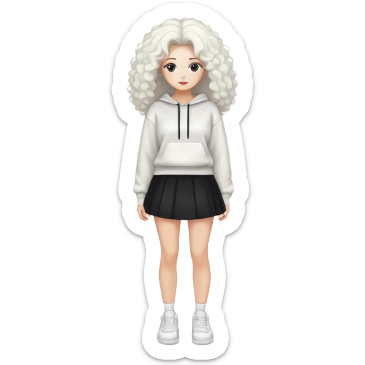 Female with slim hourglass figure, white big hair, wearing white sweatshirt, black skirt, and white shoes, full body pose sticker