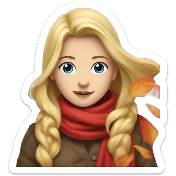 Blonde, blue-eyed girl in red scarf with falling leaves  sticker