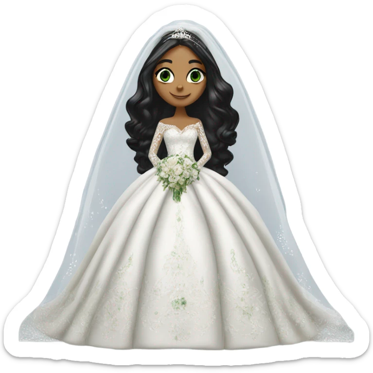 Hyper Realistic ornate ballgown long sleeve Wedding dress with diamanté on bride with green eyes and long black hair with veil sticker