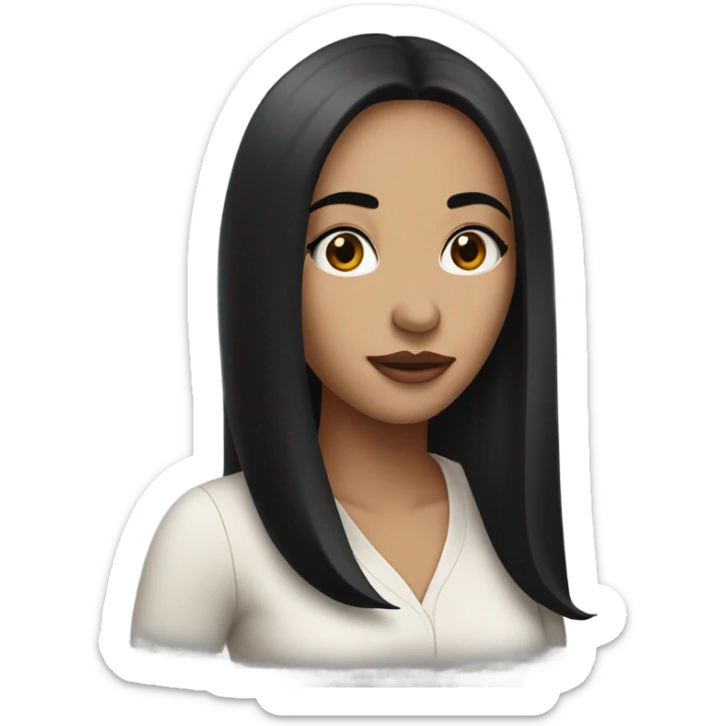 A beautiful woman with big lips, brown slanted eyes, long black straight hair and a small nose sticker