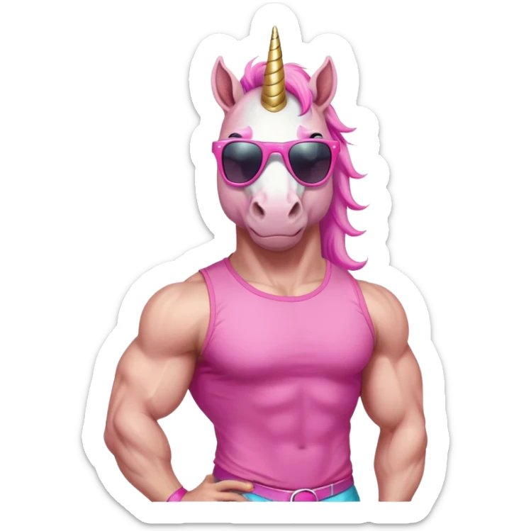 friendly anthropomorphised masculine unicorn with horse-like face, muscular bodybuilder build, in tutu and pink t-shirt, wearing dark sunglasses, standard pose, close-crop head and shoulders portrait sticker