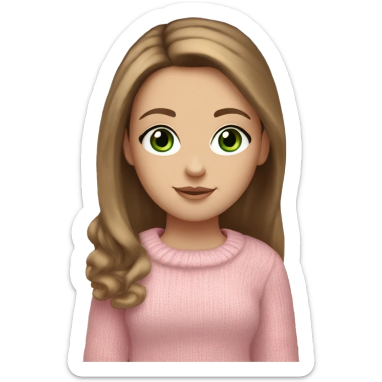 White girl with long mid brown hair and long beautiful eyelashes, green eyes, wearing a light pink sweater, light blue jeans, earmuffs, ugg boot shoes and carrying a pink bag sticker