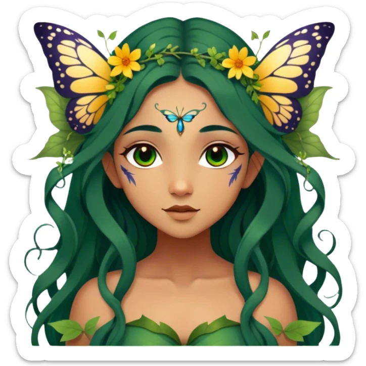 Cinematic Realistic Forest Fairy Portrait, depicted with lifelike, sun-kissed tanned skin that radiates an earthy glow, softly illuminated by natural, dappled light. Her long, flowing dark green hair is intricately detailed and interwoven with delicate vines and wildflowers, while her deep, soulful eyes mirror the wisdom of the forest. Dressed in an attire inspired by nature’s palette—with subtle botanical motifs—the portrait exudes a soft, enchanted glow that melds realism with woodland magic showing her large butterfly wings from her back. sticker