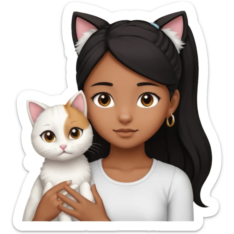 An brown skin Teenager girl with brown eyes, long black hair in a high ponytail, with a white crop top holding her white cat which has folded ears  sticker