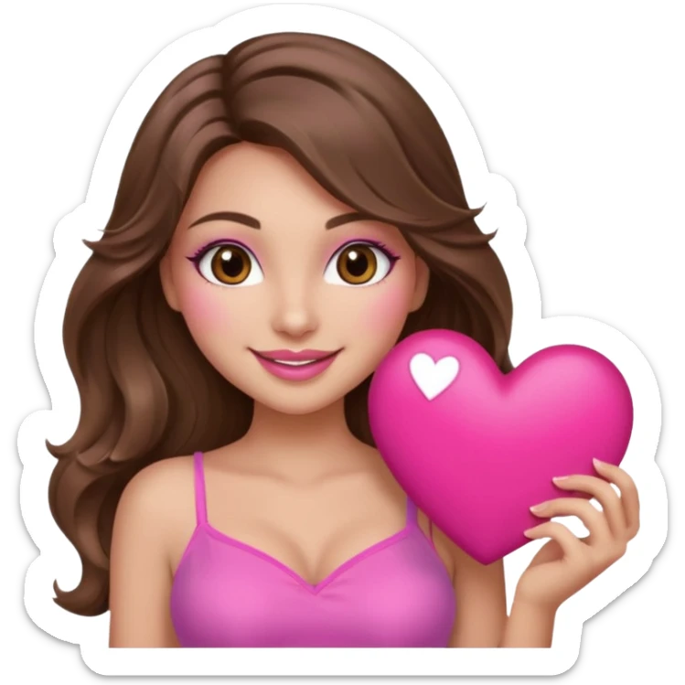 girl with long wavy brown hair, brown eyes, long lashes makeup, sexy pink lips, light to medium complexion, wearing a pink sexy top, smiling, holding a big heart sticker
