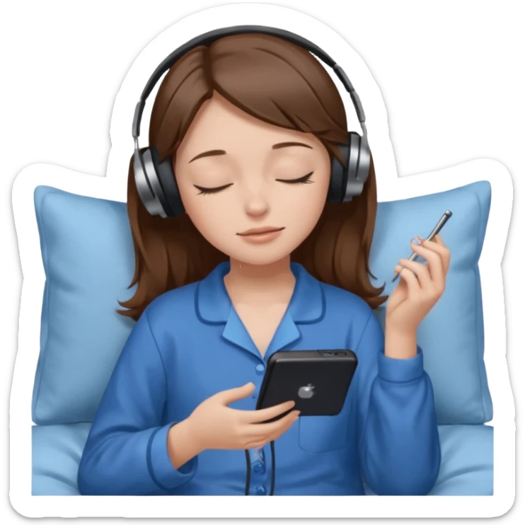 chica con pelo castaño ojos cerrados escuchando musica en pijama azul modo clean girl sticker