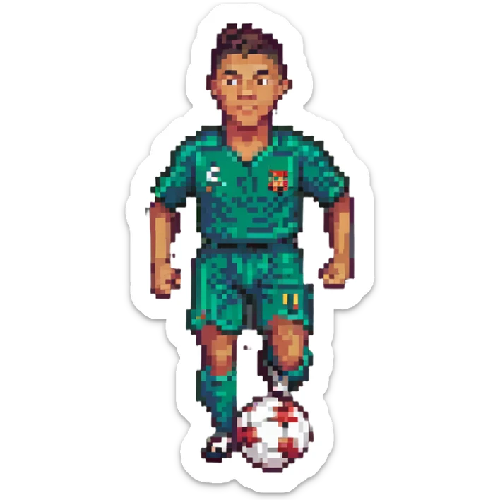 Cristiano Ronaldo, pixel art, simplified details, football kit, running with ball, retro game vibe sticker