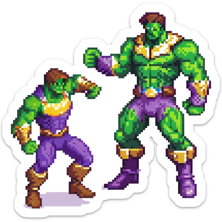 Hulk vs Thanos battle scene, green muscular superhero fighting purple villain with Infinity Gauntlet, action poses sticker