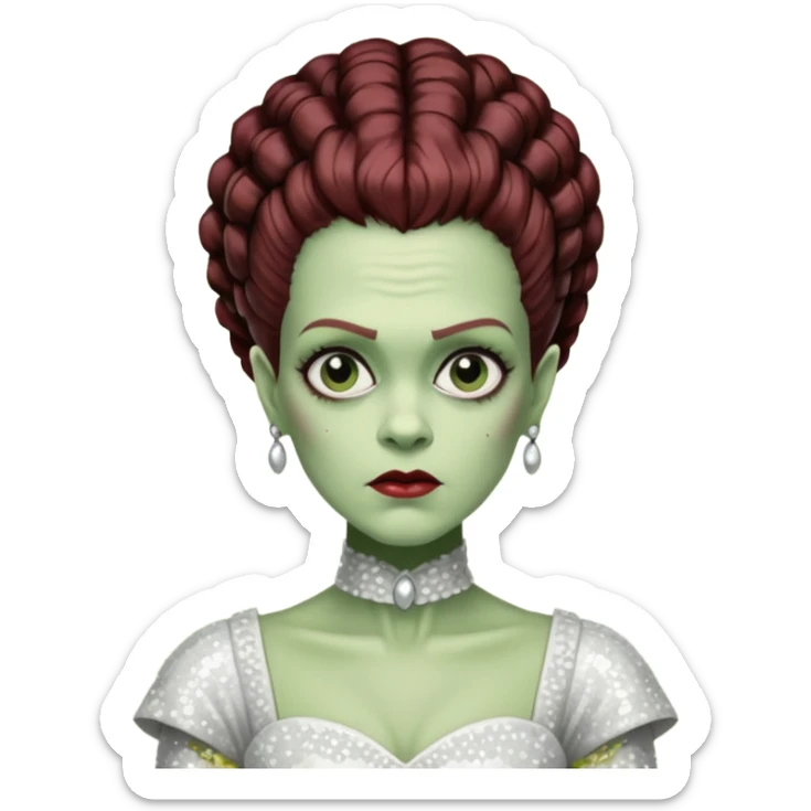 Bride of Frankenstein from Universal Monsters with pale greenish skin, dark auburn hair, white sequin outfit  sticker
