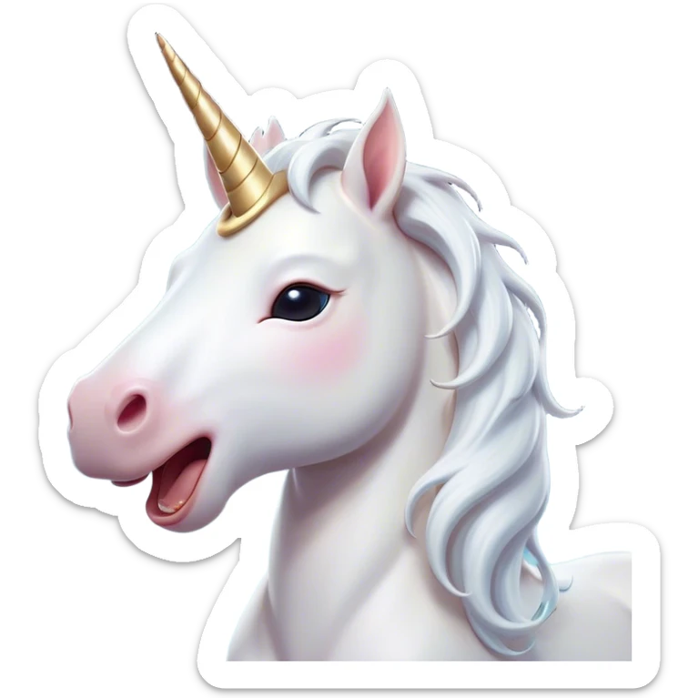 Cinematic Cute Yawning White Unicorn Portrait Emoji, Head tilted slightly with a dramatic, wide-open yawn, showcasing a softly elegant form with a gently cascading mane, a subtly glowing horn and sleepy, half-closed eyes, Simplified yet irresistibly adorable features, highly detailed, glowing with a soft, cozy magical glow, high shine, relaxed yet expressive, stylized with a dash of whimsical enchantment, soft glowing outline, capturing the essence of a drowsy yet affectionate white unicorn that appears ready to stretch and yawn its way out of the screen! sticker