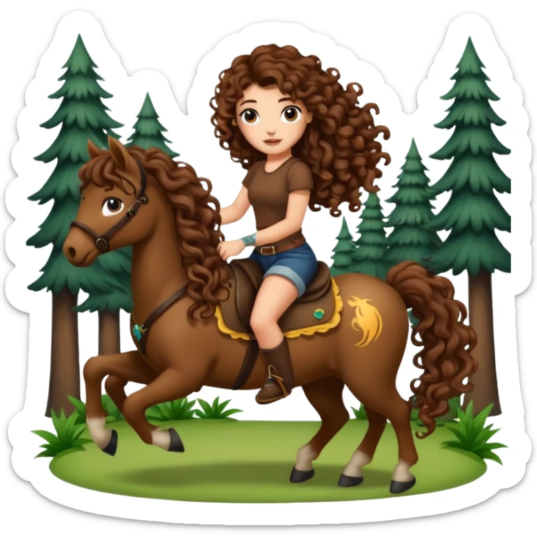cute woman long curly brown hair tattoos riding forest pony sticker