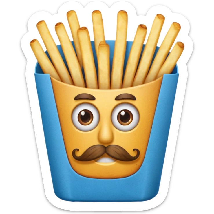 long slim crispy fries in a blue carton, carton has eyes and mustache sticker