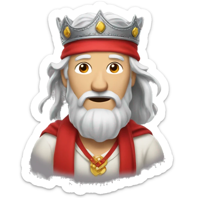 Old man with long grey hair and a red bandana around neck, wearing crown  sticker