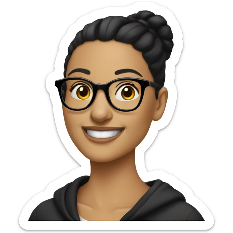 woman-black hair-bun-with glasses hoodie smile sticker