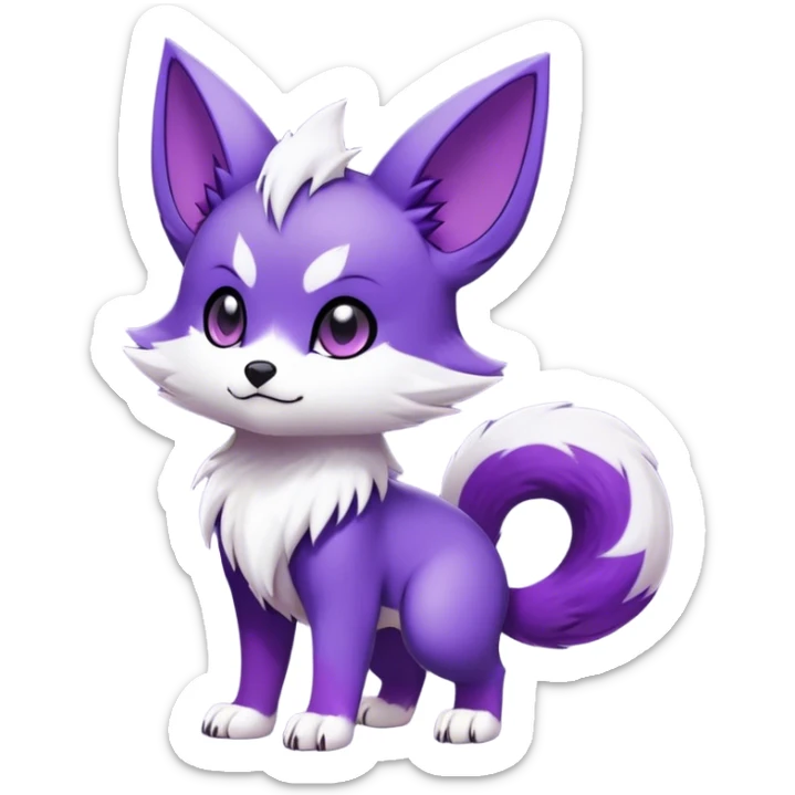  High quality Cute Cool Kawaii edgy Chibi Fur-Sona Purple fur, white belly, white tail-tip, black legs, black ears, Fakemon-Digimon-creature-animal-vernid-hybrid Full Body, facial markings sticker