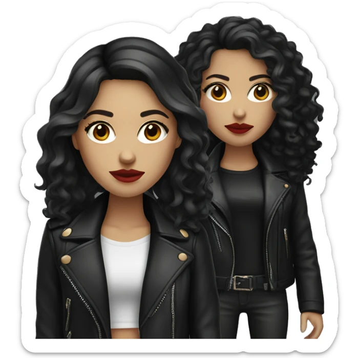White girl, with long curly black hair, with red lipstick, wearing  black shirt and leather jacket sticker