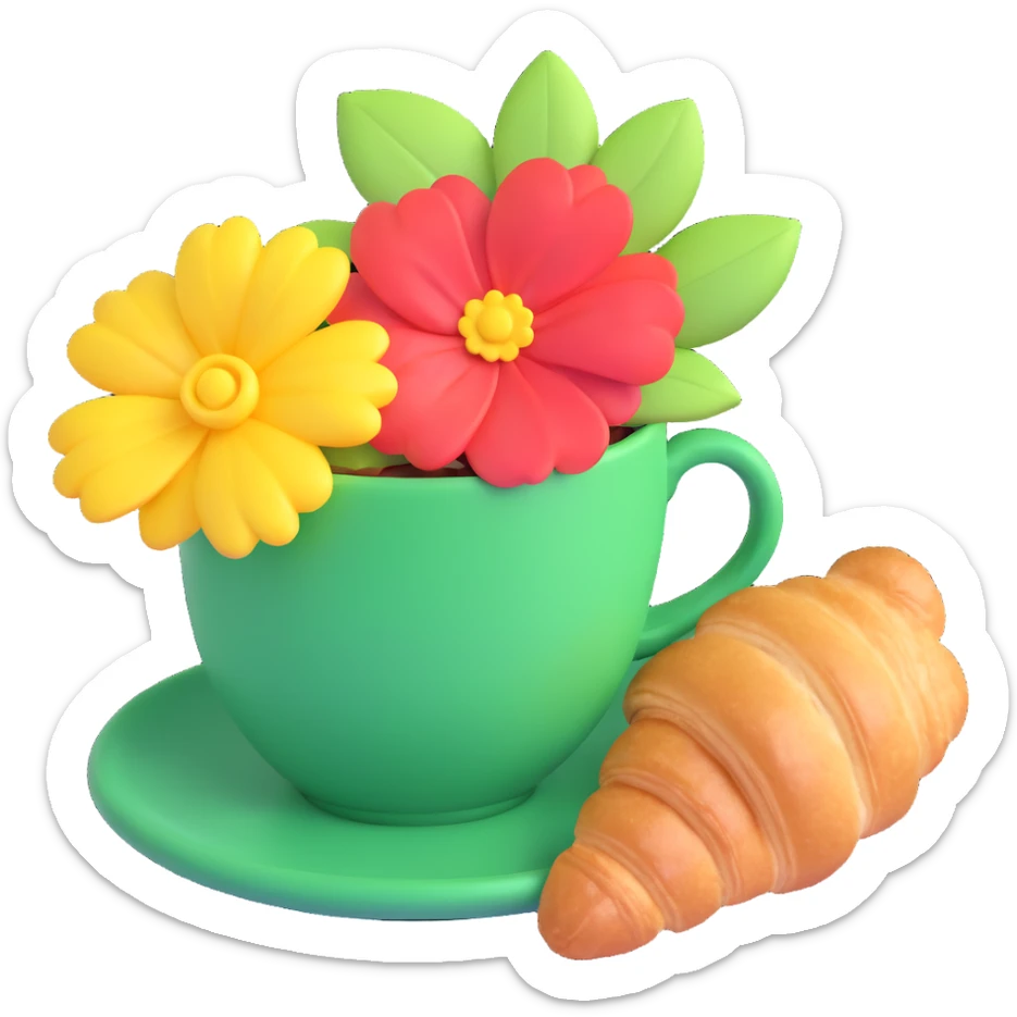 A green cup of coffee with a flower on top and a green bow, next to a croissant, in a warm, cozy setting. sticker