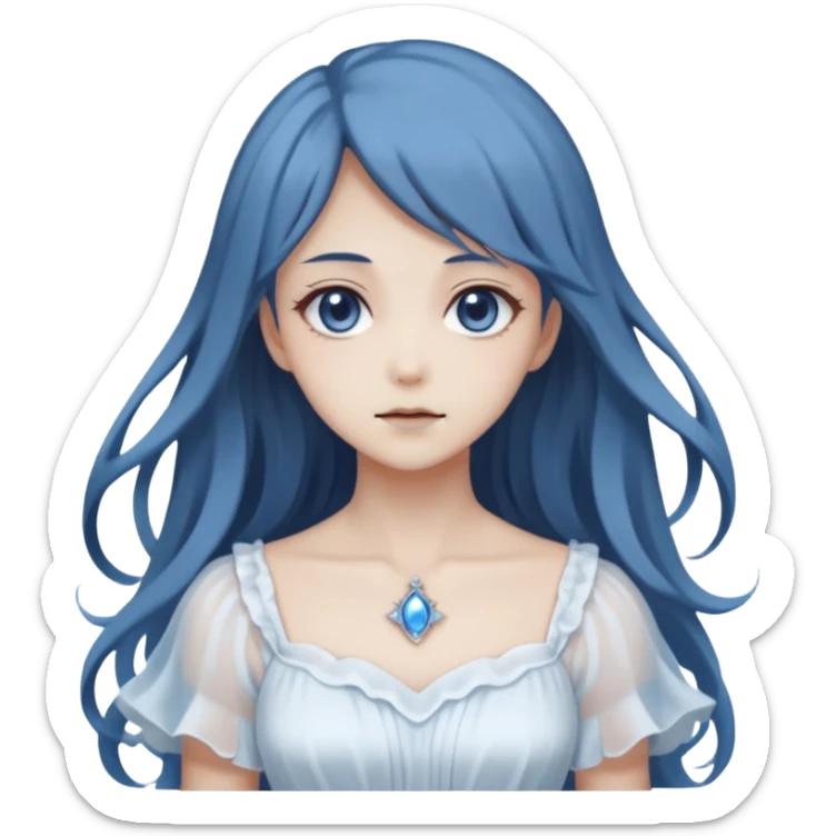 Beautiful ethereal Gorgeous spectral dark greyish-blue whitish gloomy spectral Anime Poltergeist Lady  with a beautiful white dress sticker