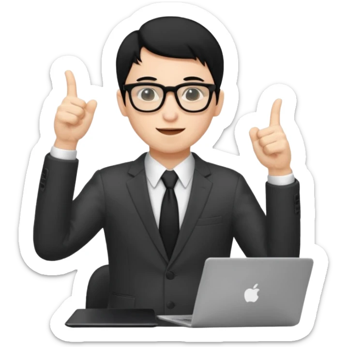 un estudiante con lentes y su laptop CON TERNO Y CABELLO NEGRO,  LEVANTANDO LAS MANOS DANDO LIKE sticker