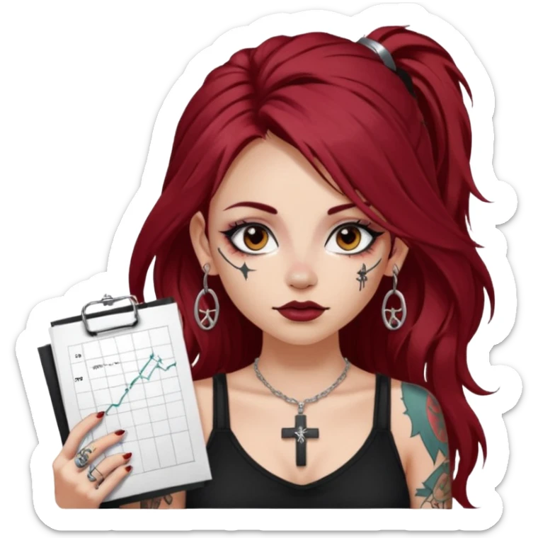 generate an ios genmoji of a fair girl with long dark red messy hair with eyeliner on her eyes.  septum piercing, wearing a cami black top, has tattoos, on shoulders. ear piercings. wearing a cross silver necklace. carrying a tote bag on her shoulders with chart paper peeking out. sticker
