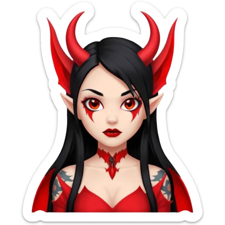 Full red-skin demon girl (entire body red), long black hair, small red horns, pointed ears, single bat wing, black open-back dress, bold tattoo-flash comic linework, red/black/gray, dark background, no text. sticker