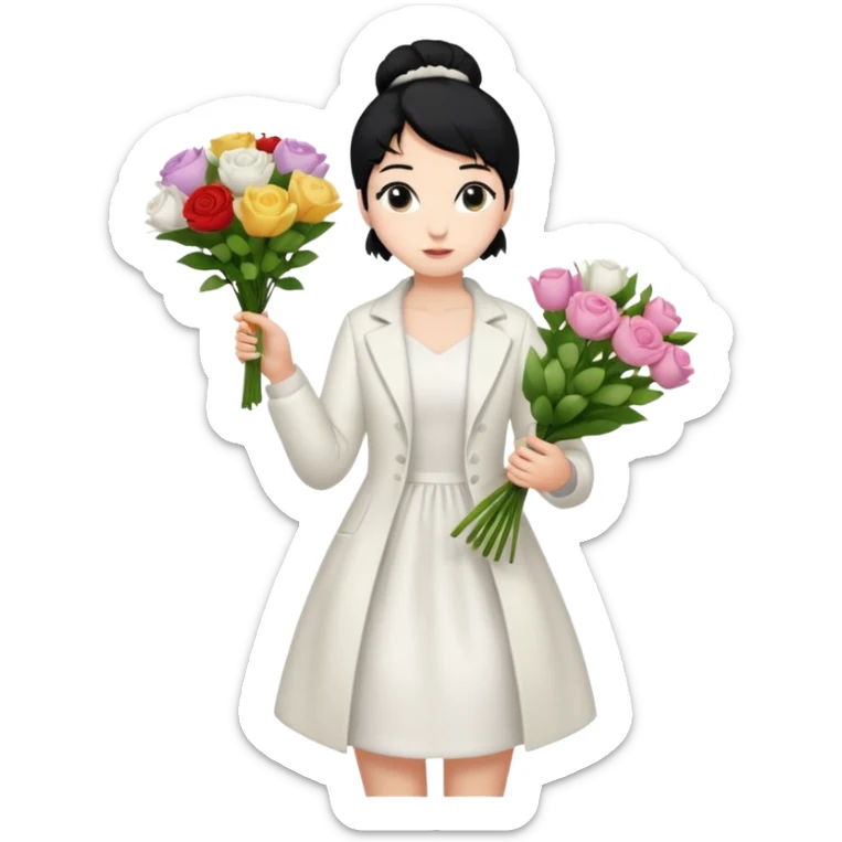 Chica blanca,cuerpo entero, vestido fiesta blanco ,manga larga ,con abrigo blanco ,pelo negro,    ramo de flores una mano, pelo recogido en moño alto sticker