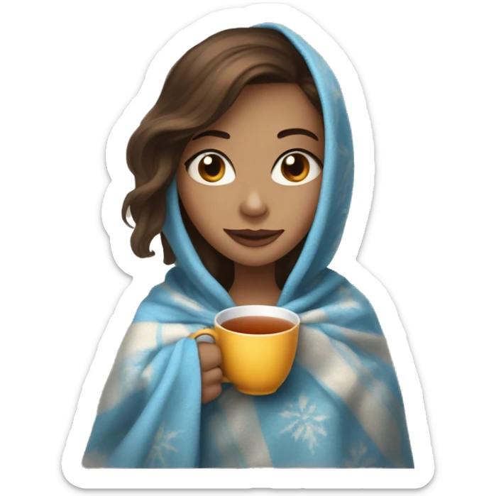 Girl with brown hair, light skin and blue eyes drink a hot tea with a blanket sticker