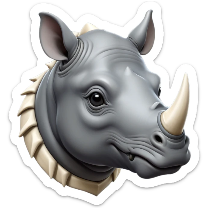 cinematic-noble--rhinoceros-portrait-emoji,slate-grey-hide--poised-and-regal,-with-a-massive,-powerful-build-and-a-thick, ivory horn, -deep-set-soulful-piercing-eyes,-simplified-yet-sharp-and-sophisticated-features,-highly-detailed,-large-black-eyes, zoomed out showing shoulders sticker