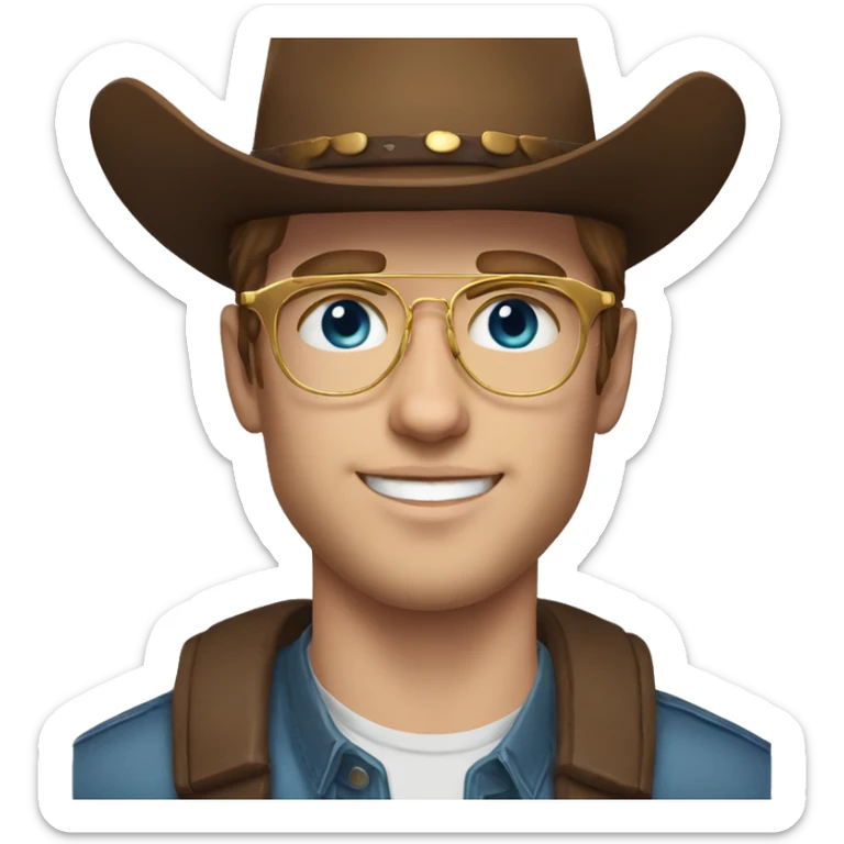 Realistic white man with golden glasses, blue eyes, and brown hair,20 years old, no bear, with a cowboy hat sticker