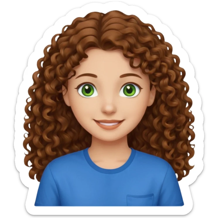 girl with brown hair, green eyes with a blue shirt no background ,young with curly hair smileing long hair sticker