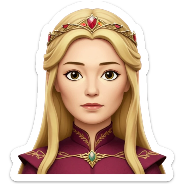 Cinematic Realistic Cersei Lannister Portrait, depicted with lifelike skin texture, subtle rosy undertones, and soft natural lighting that enhances the gentle contours of her face. Her intricately detailed golden blonde hair is elegantly styled , sticker