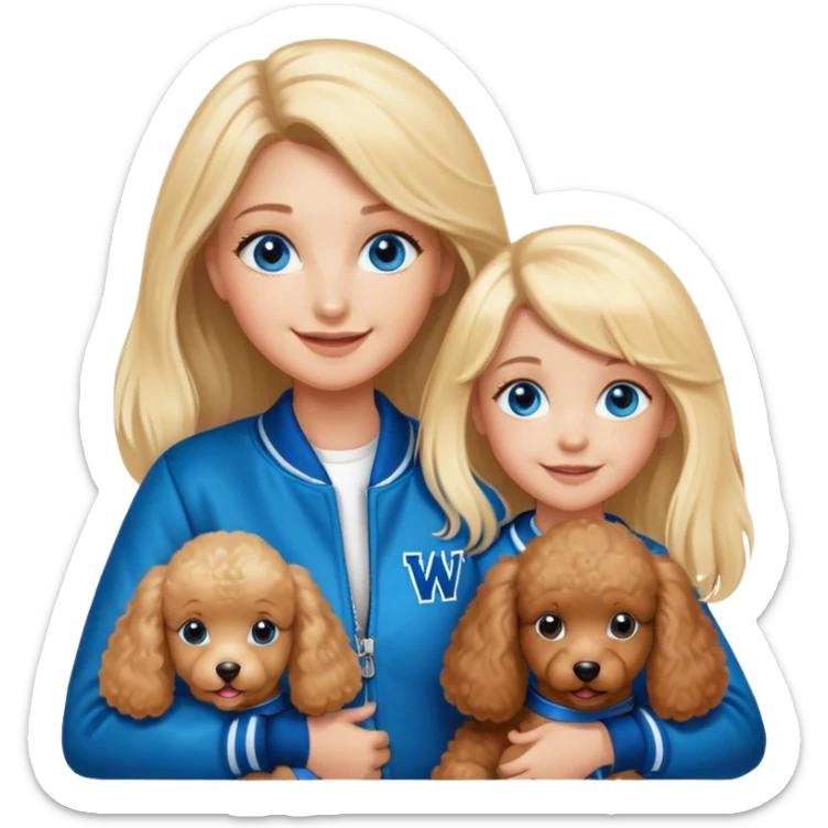 smiling mother in letterman jacket with W and Blue eyes, two Little girls Long blond straight hair and Blue eyes, poodle puppie brown sticker