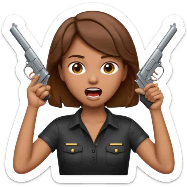the woman emoji with brown hair and tan skin choking herself  with both hands around her neck with her mouth open and two arms from behind her holding a gun in each hand point directly at her head sticker