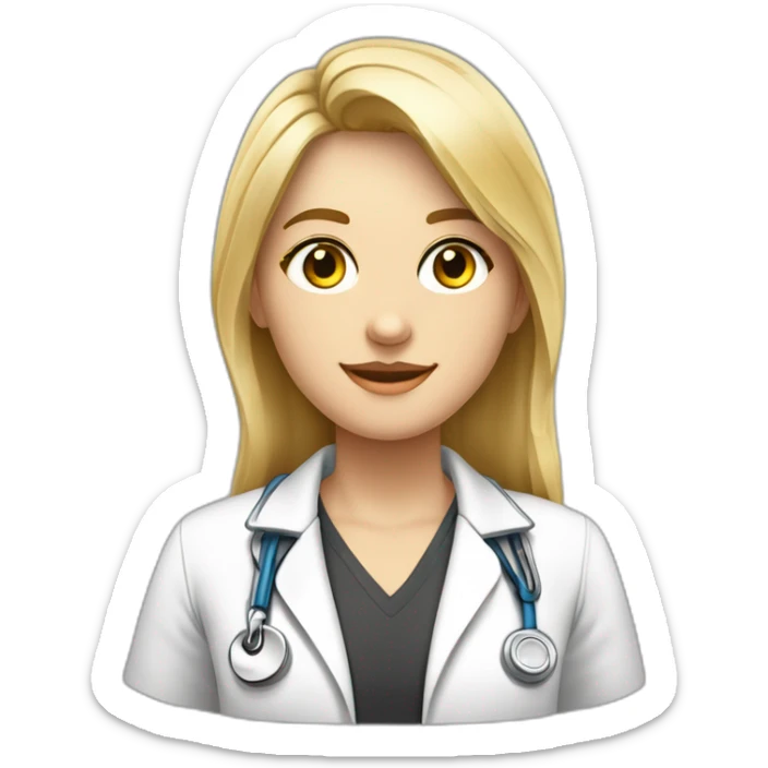 Crea un avatar de medio cuerpo de una joven nutricionista rubia oscura.  con grandes ojos grises, rostro delgado, cabello largo, comienza por ahí y perfecciona el resultado. sticker