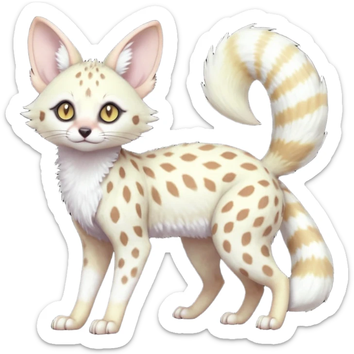 White Albino pastel light whitish grey-spotted Serval-Civet-Genet-Trico-Furret-Linoone-Noibat-Espeon-Fakémon-Pokémon-animal-hybrid-fusion-creature (full body) with vibrant glowing eyes, cute, elegant, soft, realistic, pastel fur sticker