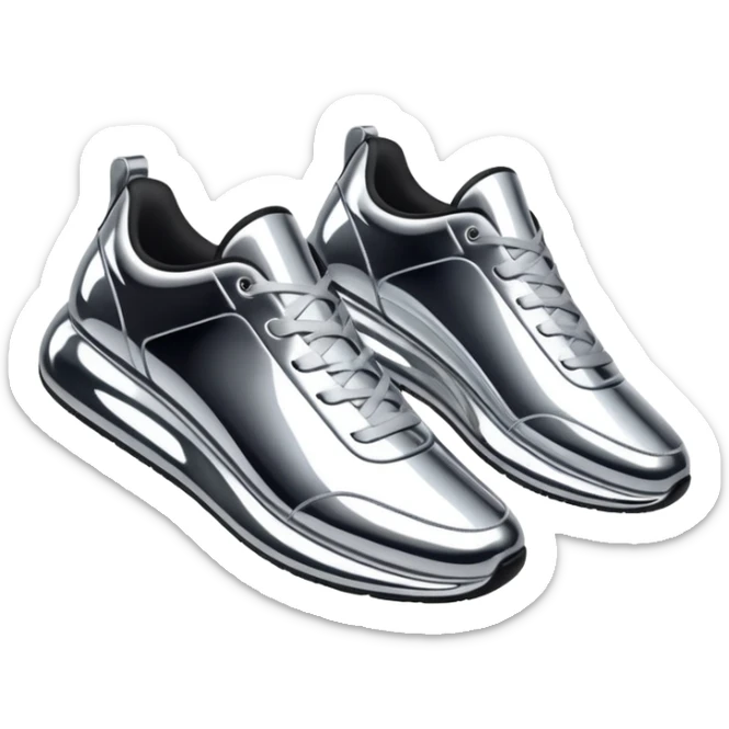 A pair of futuristic sneakers emoji made of silver chrome, sleek streetwear design, smooth metallic panels, subtle reflections, luxury swag aesthetic, iOS emoji style, centered, clean white background sticker