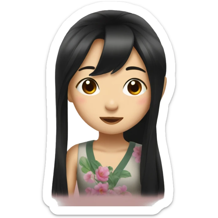 Asian girl long black hair wink kiss and peace sign sticker