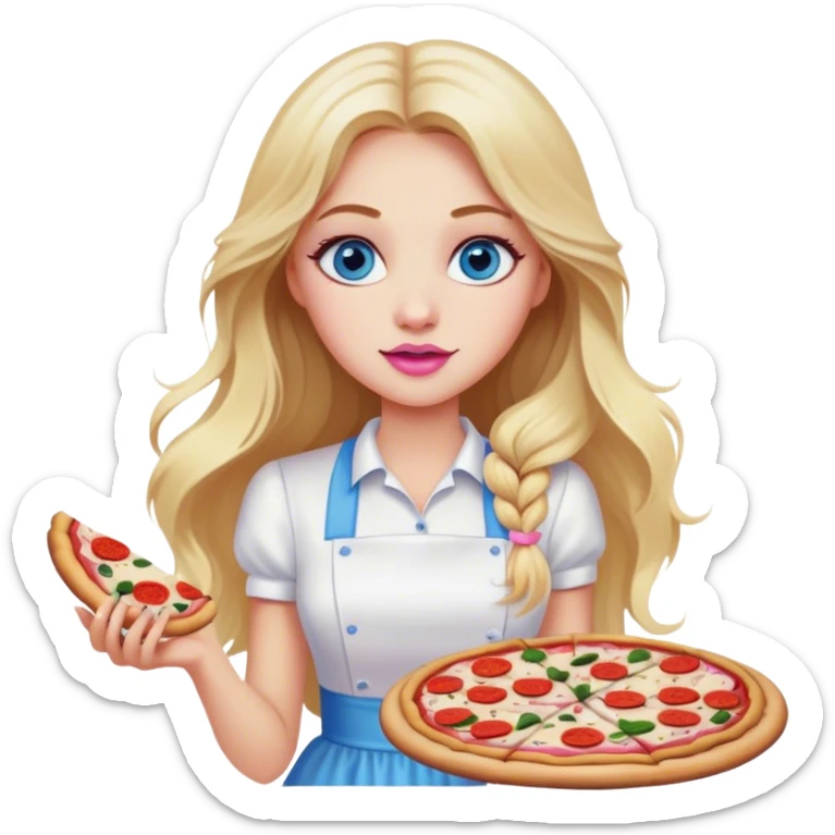 Cinematic realistic beautiful blonde with long hair, blue eyes and pink lips in a white dress cooks pizza sticker