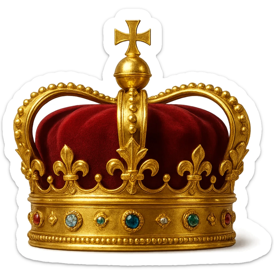 classic gold crown with red velvet inlay, detailed with small jewels and a regal shine sticker