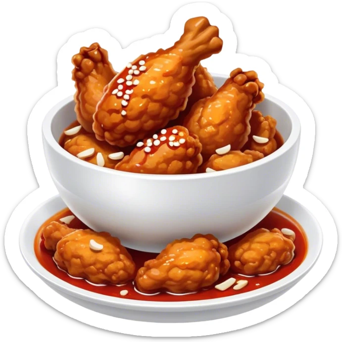 Korean Fried Chicken Cinematic Realistic Korean Fried Chicken Dish Emoji, depicted as bite-sized chicken pieces generously coated in a glossy, spicy sauce, in a bowl. sticker