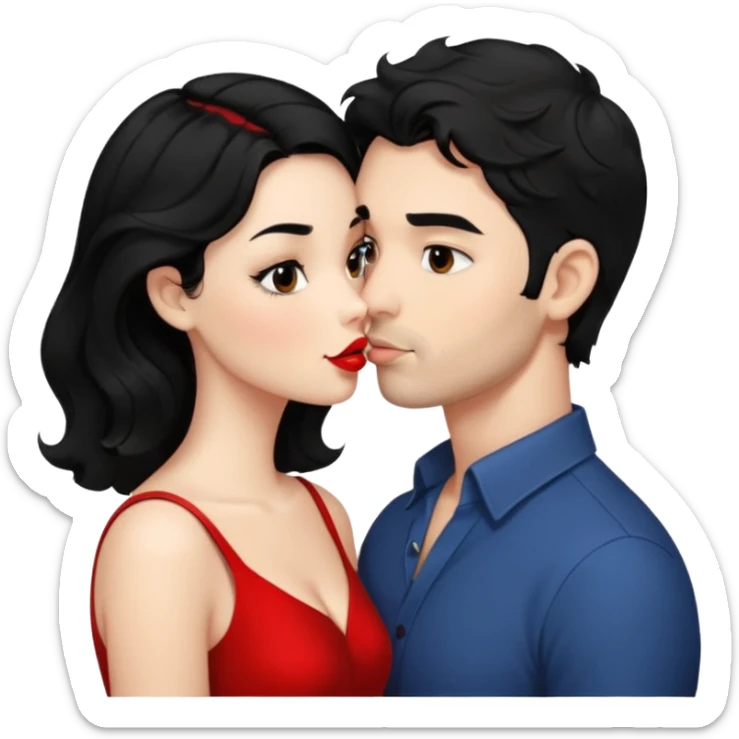 a handsome man with black short wavy hair tries to kiss a cute woman who has long black hair sticker