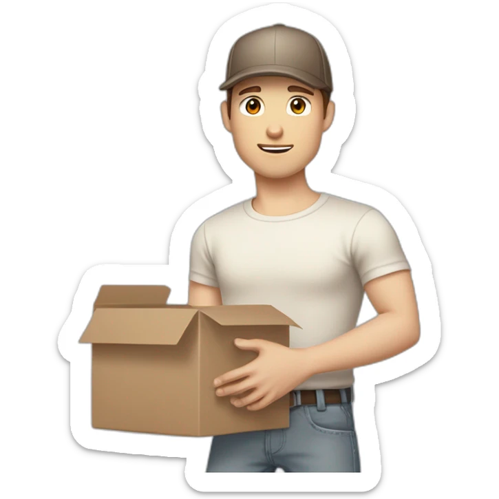 Pale skinned fit Man with dark brown hair in a beige cap, gray jeans, brown polo and white T-shirt keeping a pasted with tape white box into his hands sticker