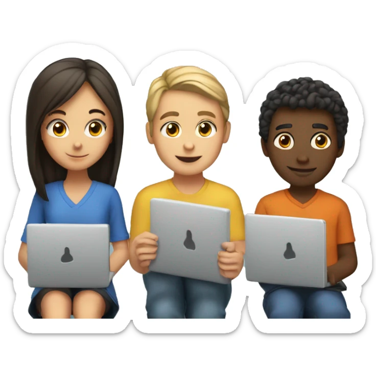 2 girl and 3 man each of them holding laptop and sit together  sticker