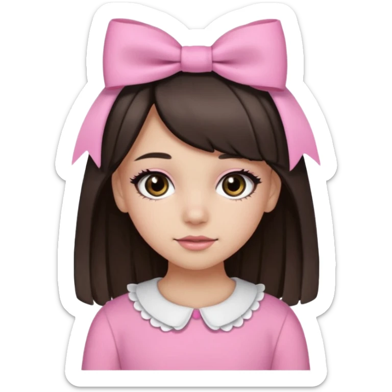 a 13 year old girl with black and brown hair with blond highlights. pink bows and pink outfit with long eyelashes and black eyes sticker