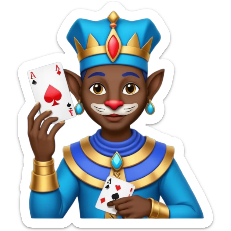 crazy colorful egyptian anubi jolly joker from poker, medieval, vintage, court jester, mac os icon, blue color, holds a single poker card on the right paw sticker