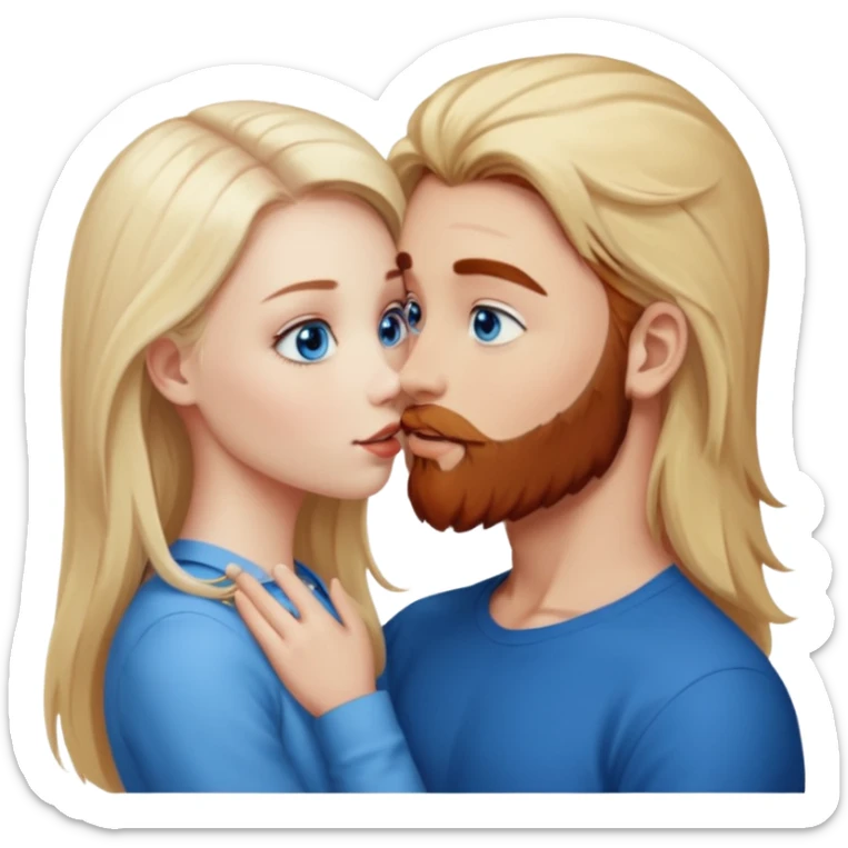Long-pale-blonde hair, beautiful girl with blue eyes facing, kissing reddish-brown hair-beard boy blue eyed white guy sticker