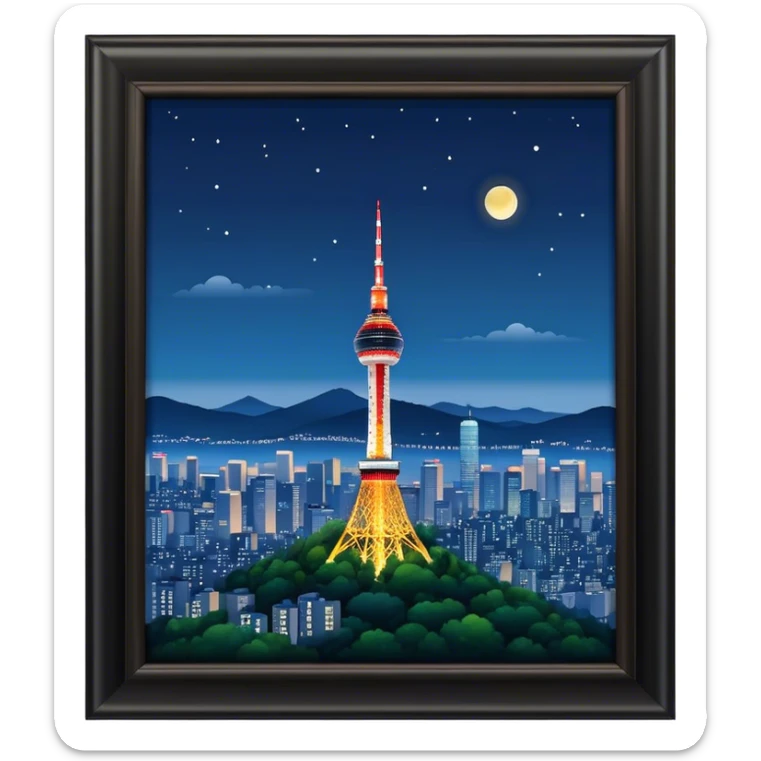 N Seoul Tower Landmark Emoji – Showing the tower atop Namsan Mountain with city lights in the background. sticker