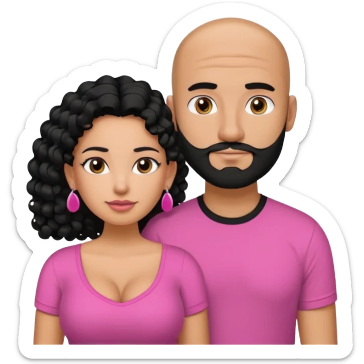 A picture if a couple. the man is a Mexican man with tanned skin, black hair, a bald hair cut, short boxed beard, and wearing a black shirt. the woman is mixed with black and white, with curly long hair, stud earrings,  wearing a pink shirt and with big boobs sticker