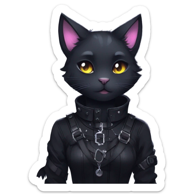 Gorgeous furry gothic dark techwear anime style anthro black cat furry sona with blushing face aesthetic and pretty edgy black with collar and harness trending style sticker